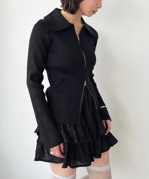 Jewelobe（ジュエローブ）の「ワイドカラーダブルジップフィットニット（カーディガン/ボレロ・レディース・アイボリー/ブラック・FREE）」の22枚目の写真