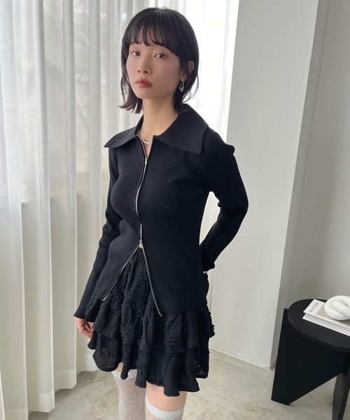 Jewelobe（ジュエローブ）の「ワイドカラーダブルジップフィットニット（カーディガン/ボレロ・レディース・アイボリー/ブラック・FREE）」の6枚目の写真