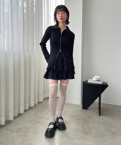 Jewelobe（ジュエローブ）の「ワイドカラーダブルジップフィットニット（カーディガン/ボレロ・レディース・アイボリー/ブラック・FREE）」の7枚目の写真