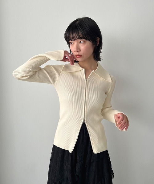 Jewelobe（ジュエローブ）の「ワイドカラーダブルジップフィットニット（カーディガン/ボレロ・レディース・アイボリー/ブラック・FREE）」の11枚目の写真