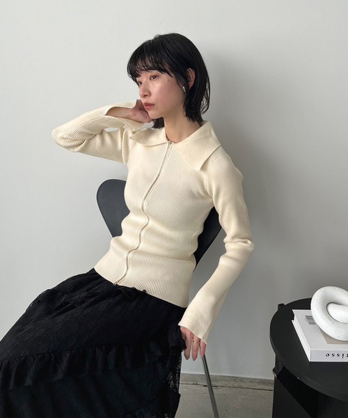 Jewelobe（ジュエローブ）の「ワイドカラーダブルジップフィットニット（カーディガン/ボレロ・レディース・アイボリー/ブラック・FREE）」の12枚目の写真