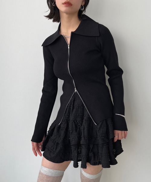 Jewelobe（ジュエローブ）の「ワイドカラーダブルジップフィットニット（カーディガン/ボレロ・レディース・アイボリー/ブラック・FREE）」の21枚目の写真