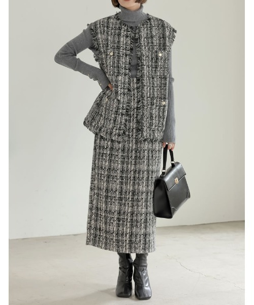 Re:EDIT（リエディ）の「MIXツイード金釦ベスト（ベスト・レディース・グレー/ブラック・LARGE/MEDIUM）」の10枚目の写真