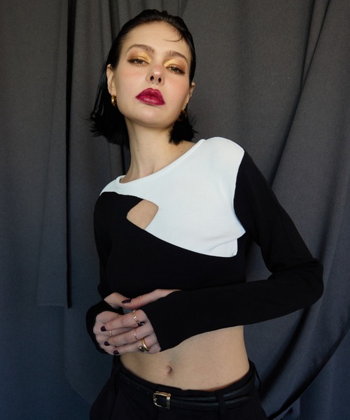 WONEM(ウォンエム)の「ブロッキングカットデザインニットトップス(ニット/セーター・レディース・ピンク/ブラック・FREE)」の1枚目の写真