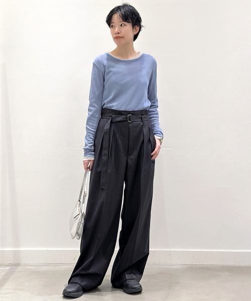 AP STUDIO（エーピーストゥディオ）の「ストライプベルテッドパンツ（スラックス・レディース・ネイビー・34/36/38）」の14枚目の写真