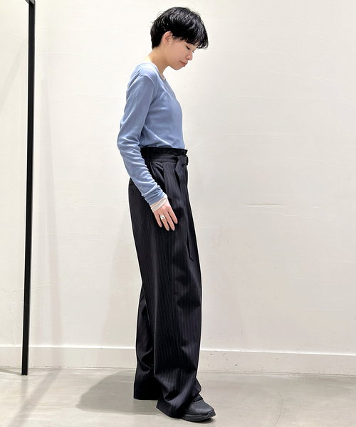 AP STUDIO（エーピーストゥディオ）の「ストライプベルテッドパンツ（スラックス・レディース・ネイビー・34/36/38）」の15枚目の写真