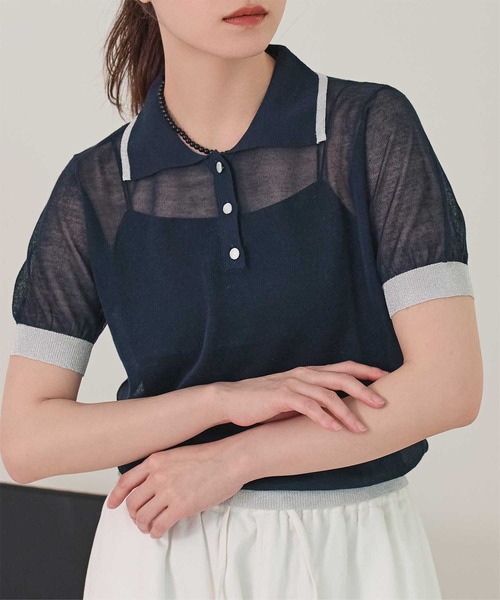 miette(ミエット)の「配色ラインシアー半袖ポロニット(ポロシャツ・レディース・オレンジ/ホワイト/ネイビー/パープル・FREE)」の2枚目の写真