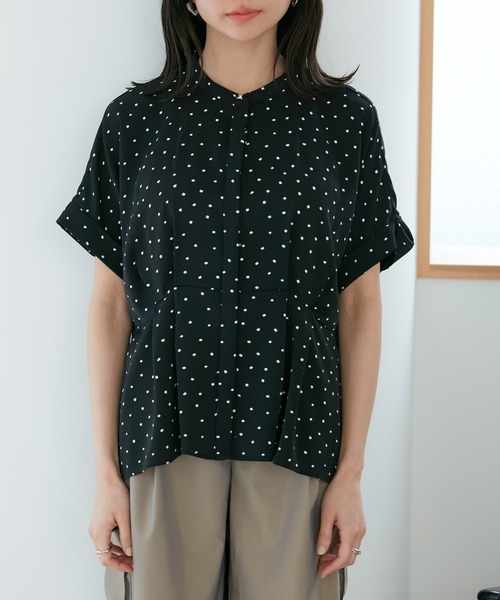 極美品　SHIPS 異素材 ウエストタックブラウス　ネイビー　WEB限定 WEB限定】〈手洗い可能〉異素材 ウエスト タック ブラウス