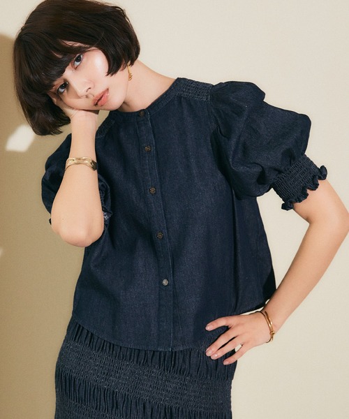 ELLEgirl(エルガール)の「ギャザーパフスリーブブラウス【ELLEgirl/エル ガール】(シャツ/ブラウス・レディース・インディゴブルー/ブラック・FREE)」の3枚目の写真