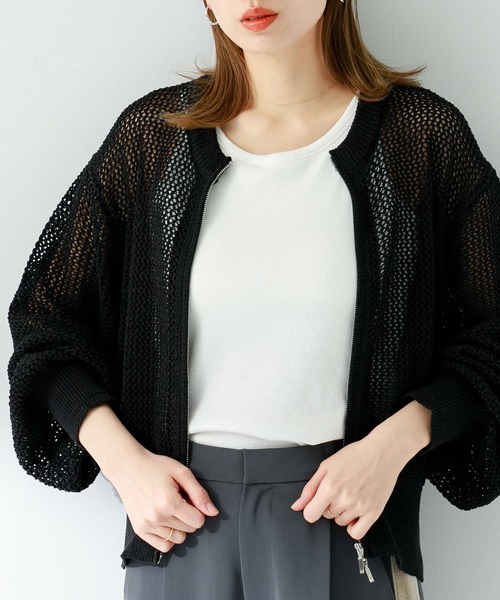 URBAN RESEARCH Sonny Label（アーバンリサーチサニーレーベル）の「ジップメッシュカーディガン（カーディガン/ボレロ・レディース・オフホワイト/ブラック/ブルー系その他・FREE）」の2枚目の写真