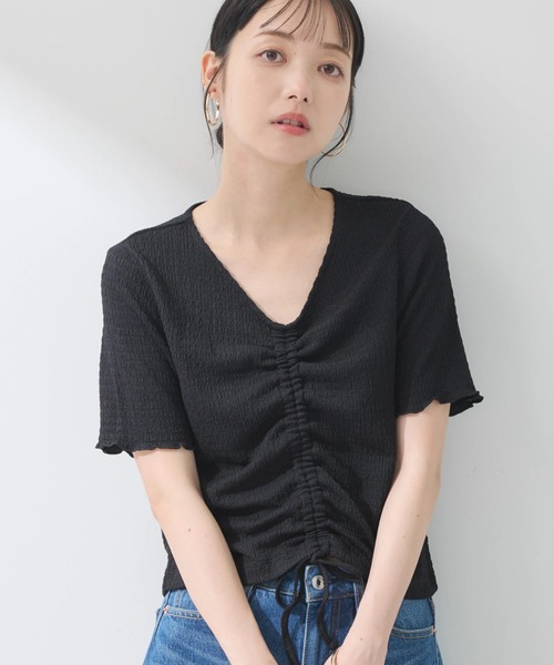 earth music&ecology(アースミュージックアンドエコロジー)の「ポコポコギャザードロストプルオーバー(Tシャツ/カットソー・レディース・アイボリー/ブラック/グレイッシュブルー/コーラル/ライム・FREE)」の2枚目の写真