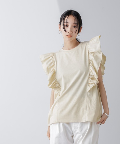 NANO universe(ナノユニバース)の「異素材コンビフリルスリーブカットトップス(Tシャツ/カットソー・レディース・ホワイト/ベージュ系その他3/ブラック・FREE)」の3枚目の写真