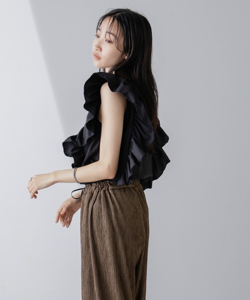 セール】異素材コンビフリルスリーブカットトップス（Tシャツ