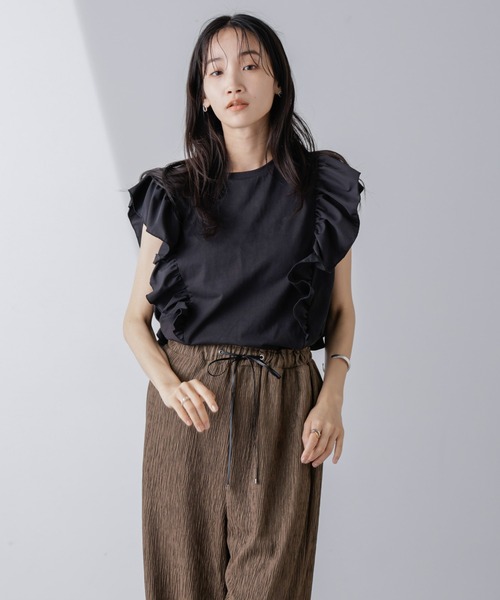 セール】異素材コンビフリルスリーブカットトップス（Tシャツ