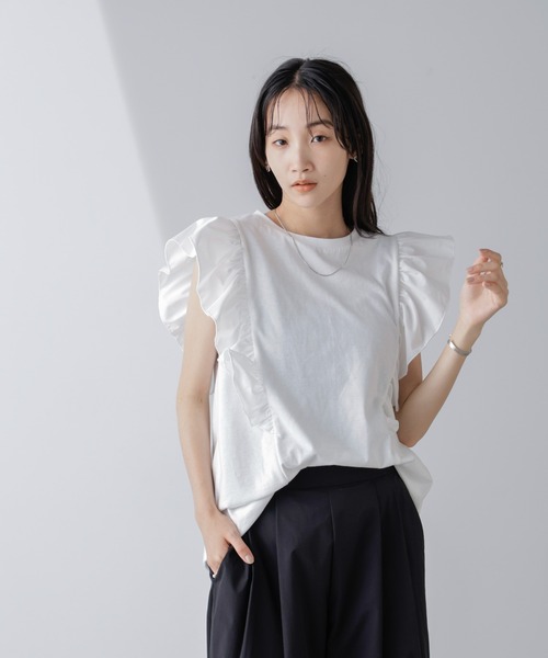 NANO universe(ナノユニバース)の「異素材コンビフリルスリーブカットトップス(Tシャツ/カットソー・レディース・ホワイト/ベージュ系その他3/ブラック・FREE)」の12枚目の写真