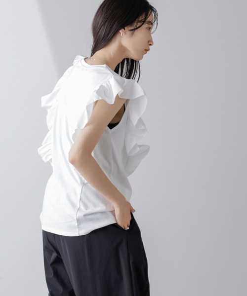 NANO universe(ナノユニバース)の「異素材コンビフリルスリーブカットトップス(Tシャツ/カットソー・レディース・ホワイト/ベージュ系その他3/ブラック・FREE)」の13枚目の写真