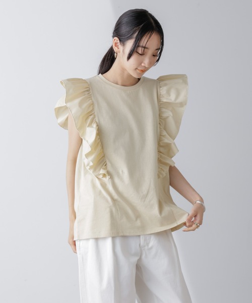 NANO universe(ナノユニバース)の「異素材コンビフリルスリーブカットトップス(Tシャツ/カットソー・レディース・ホワイト/ベージュ系その他3/ブラック・FREE)」の18枚目の写真