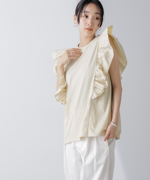 NANO universe(ナノユニバース)の「異素材コンビフリルスリーブカットトップス(Tシャツ/カットソー・レディース・ホワイト/ベージュ系その他3/ブラック・FREE)」の19枚目の写真
