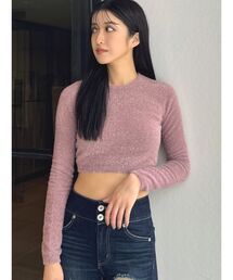 GYDA | BACK リボンラメシャギーショートニットトップス(ニット/セーター)