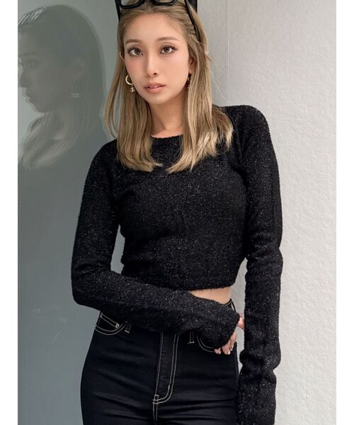 GYDA（ジェイダ）の「BACK リボンラメシャギーショートニットトップス（ニット/セーター・レディース・ブラック/ピンク/ライトグレー・FREE）」の2枚目の写真