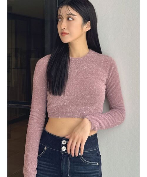 GYDA（ジェイダ）の「BACK リボンラメシャギーショートニットトップス（ニット/セーター・レディース・ブラック/ピンク/ライトグレー・FREE）」の6枚目の写真