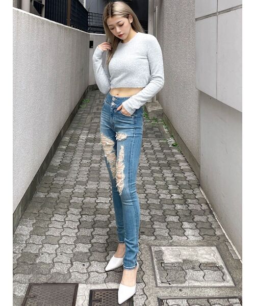 GYDA（ジェイダ）の「BACK リボンラメシャギーショートニットトップス（ニット/セーター・レディース・ブラック/ピンク/ライトグレー・FREE）」の10枚目の写真