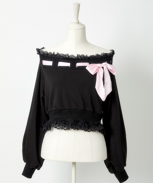 Off shoulder satin ribbon tops（スウェット）｜AVENCHUMU