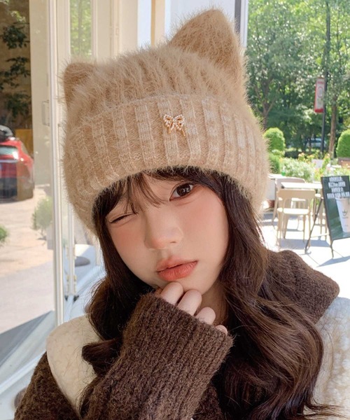 SPIGA（スピーガ）の「猫耳ﾌﾘﾝｼﾞｼｬｷﾞｰﾆｯﾄ帽（ニットキャップ/ビーニー・レディース・ピンク/ブラック/カーキ/グレー/ベージュ・FREE）」の4枚目の写真