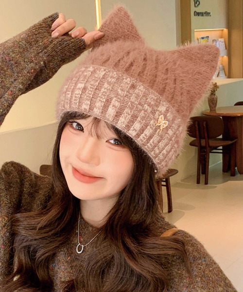 SPIGA（スピーガ）の「猫耳ﾌﾘﾝｼﾞｼｬｷﾞｰﾆｯﾄ帽（ニットキャップ/ビーニー・レディース・ピンク/ブラック/カーキ/グレー/ベージュ・FREE）」の5枚目の写真