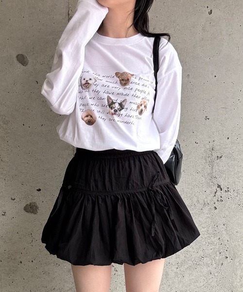merrylatte(メリーラテ)の「『低身長用サイズあり』DOGデザインプリントロングTシャツ(Tシャツ/カットソー・レディース・ホワイト・MEDIUM)」の1枚目の写真