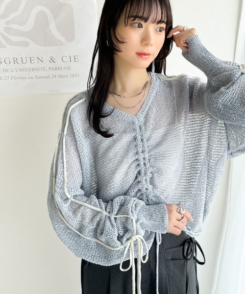 mily bilet(ミウィビレット)の「【mily bilet】ルーズな愛らしさで魅了する。透かし編みギャザー仕様リボンプルオーバー(長袖)(ニット/セーター・レディース・ブルー/アイボリー/ブラック/グレイッシュベージュ・MEDIUM/LARGE/X-LARGE/SMALL)」の19枚目の写真