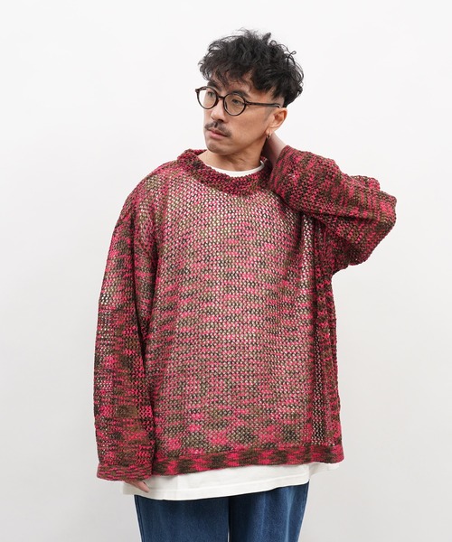 Aphlotus（アプロタス）の「クルーネック ループヤーン段染め 透かし編み LSニット（ニット/セーター・メンズ・アイボリー/ピンク/グリーン・MEDIUM/LARGE）」の3枚目の写真