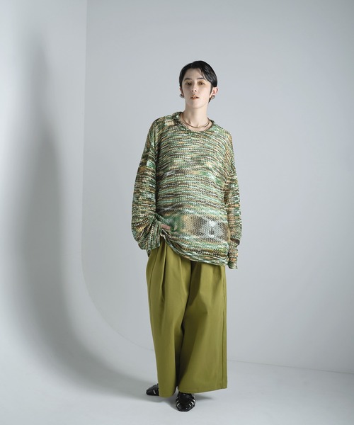 Aphlotus（アプロタス）の「クルーネック ループヤーン段染め 透かし編み LSニット（ニット/セーター・メンズ・アイボリー/ピンク/グリーン・MEDIUM/LARGE）」の6枚目の写真