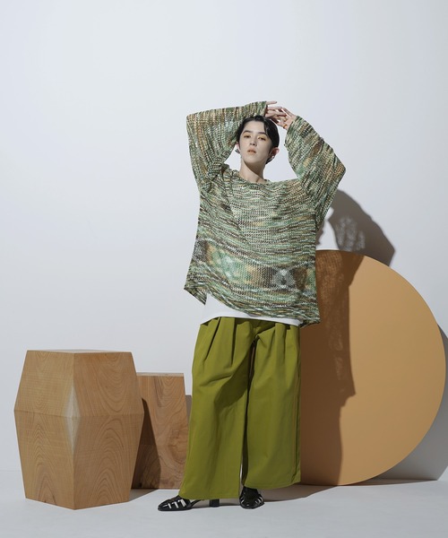 Aphlotus（アプロタス）の「クルーネック ループヤーン段染め 透かし編み LSニット（ニット/セーター・メンズ・アイボリー/ピンク/グリーン・MEDIUM/LARGE）」の7枚目の写真