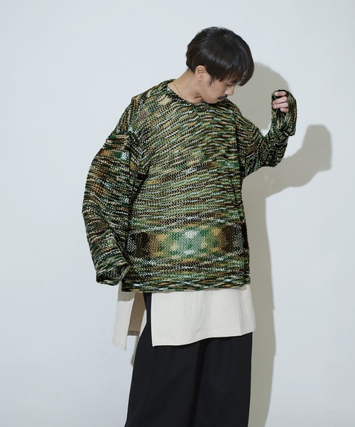 Aphlotus（アプロタス）の「クルーネック ループヤーン段染め 透かし編み LSニット（ニット/セーター・メンズ・アイボリー/ピンク/グリーン・MEDIUM/LARGE）」の12枚目の写真