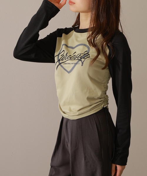 Lace Ladies(レースレディース)の「ロゴプリント ラグラン 配色 シャーリング Tシャツ(Tシャツ/カットソー・レディース・グリーン/ホワイト/グレー・XL/M)」の3枚目の写真