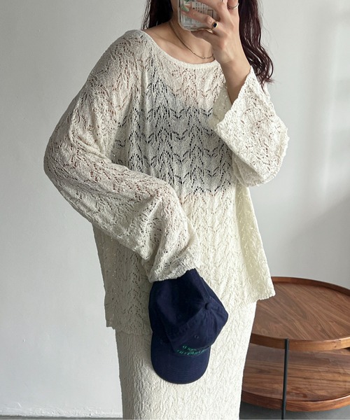 ◆PXG 25SS 最新作◆PIXIE ニット SSトップ◆ 雪桜刺繍オフショル風ニット[品番：IGAW0005833]｜axes femme