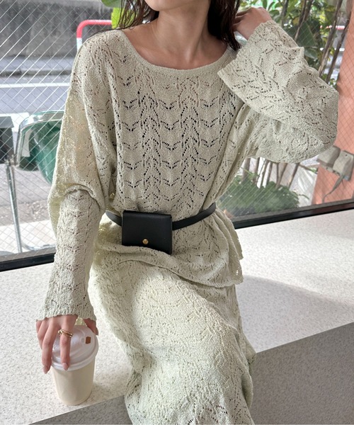 PILIT（ピリット）の「【セットアップ可】クロシェボートネックニット（ニット/セーター・レディース・オフホワイト/ミント・MEDIUM）」の3枚目の写真