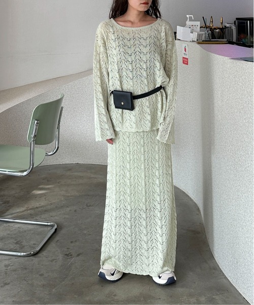 PILIT（ピリット）の「【セットアップ可】クロシェボートネックニット（ニット/セーター・レディース・オフホワイト/ミント・MEDIUM）」の5枚目の写真