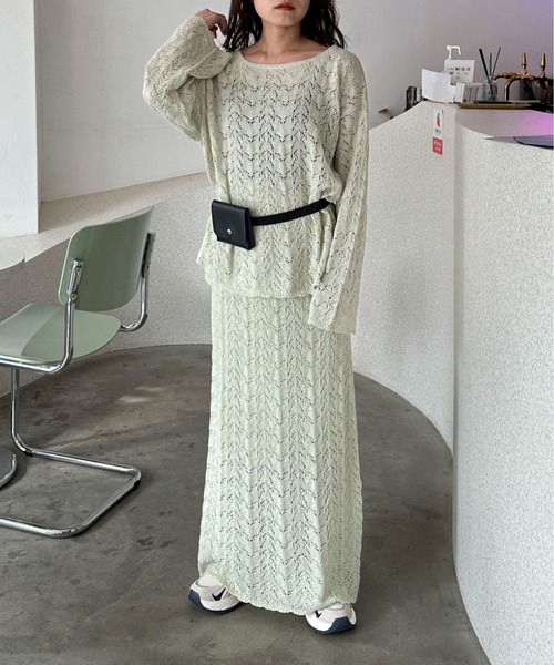 PILIT（ピリット）の「【セットアップ可】クロシェボートネックニット（ニット/セーター・レディース・オフホワイト/ミント・MEDIUM）」の6枚目の写真