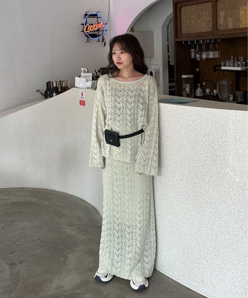 PILIT（ピリット）の「【セットアップ可】クロシェボートネックニット（ニット/セーター・レディース・オフホワイト/ミント・MEDIUM）」の7枚目の写真