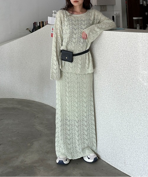 PILIT（ピリット）の「【セットアップ可】クロシェボートネックニット（ニット/セーター・レディース・オフホワイト/ミント・MEDIUM）」の8枚目の写真