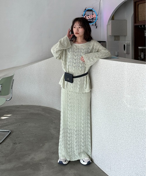 PILIT（ピリット）の「【セットアップ可】クロシェボートネックニット（ニット/セーター・レディース・オフホワイト/ミント・MEDIUM）」の9枚目の写真