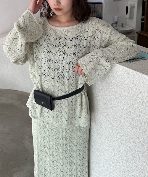 PILIT（ピリット）の「【セットアップ可】クロシェボートネックニット（ニット/セーター・レディース・オフホワイト/ミント・MEDIUM）」の11枚目の写真