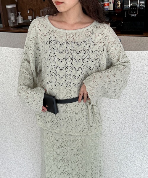 PILIT（ピリット）の「【セットアップ可】クロシェボートネックニット（ニット/セーター・レディース・オフホワイト/ミント・MEDIUM）」の12枚目の写真