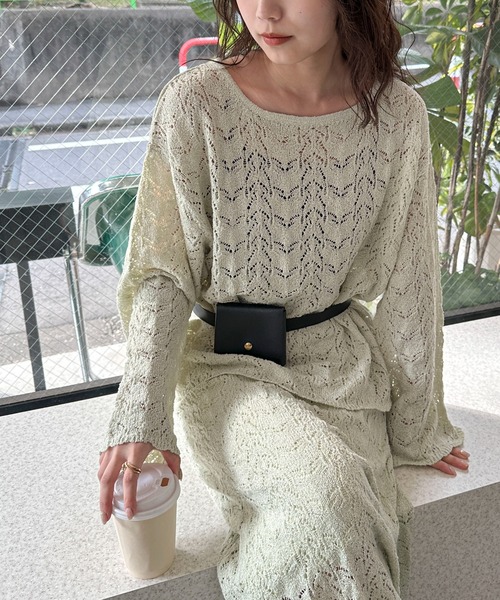 PILIT（ピリット）の「【セットアップ可】クロシェボートネックニット（ニット/セーター・レディース・オフホワイト/ミント・MEDIUM）」の4枚目の写真