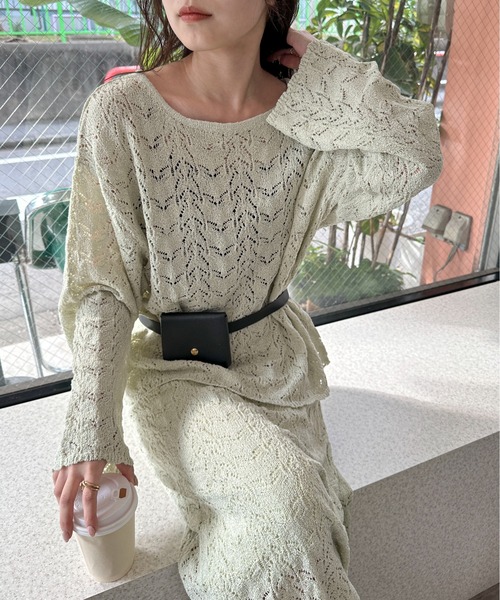 PILIT（ピリット）の「【セットアップ可】クロシェボートネックニット（ニット/セーター・レディース・オフホワイト/ミント・MEDIUM）」の15枚目の写真