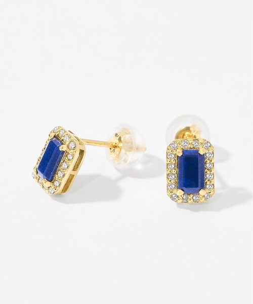 Jewel closet by L&Co.(ジュエルクローゼットバイエルアンドコー)の「K18 ダイヤモンド ヘイロー/取り巻き カラーストーン ピアス 3x5(ピアス(両耳用)・レディース・ネイビー/ロイヤルブルー/クリアブラウン/ワインレッド/モスグリーン/ダークブルー・FREE)」の4枚目の写真