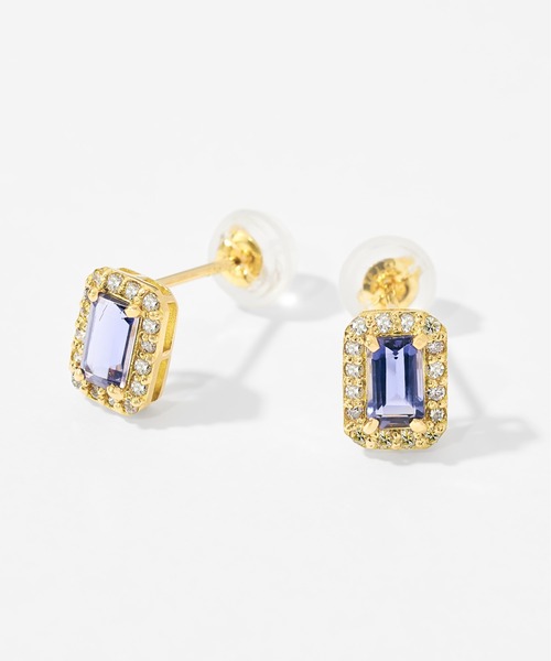 Jewel closet by L&Co.(ジュエルクローゼットバイエルアンドコー)の「K18 ダイヤモンド ヘイロー/取り巻き カラーストーン ピアス 3x5(ピアス(両耳用)・レディース・ネイビー/ロイヤルブルー/クリアブラウン/ワインレッド/モスグリーン/ダークブルー・FREE)」の1枚目の写真