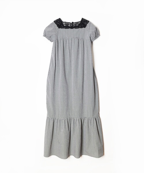 セール】KUMA LACE GINGHAM CHECK PUFF LONG DRESS クマレースギンガム